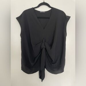Zara Black Flowy Knotted V-Neck Blouse Size S